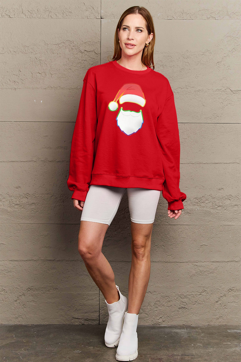 Simply Love Full Size Rainbow Santa Graphic Round Neck Sweatshirt