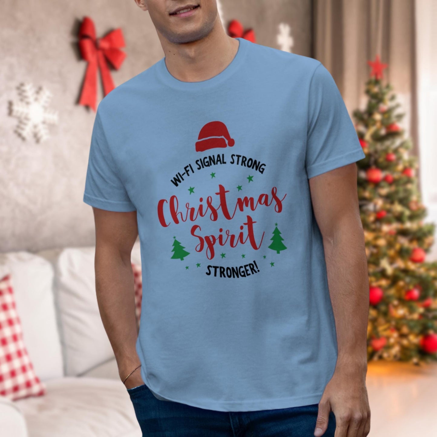 Wi-Fi Signal Strong Christmas Spirit Stronger T-Shirt | Perfect Holiday Meme for Tech Lovers