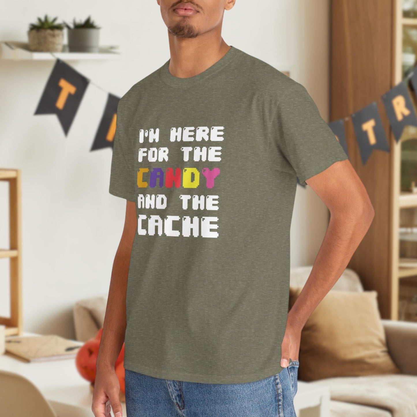 I'm Here for the Candy and the Cache: Funny Halloween Coding T-Shirt