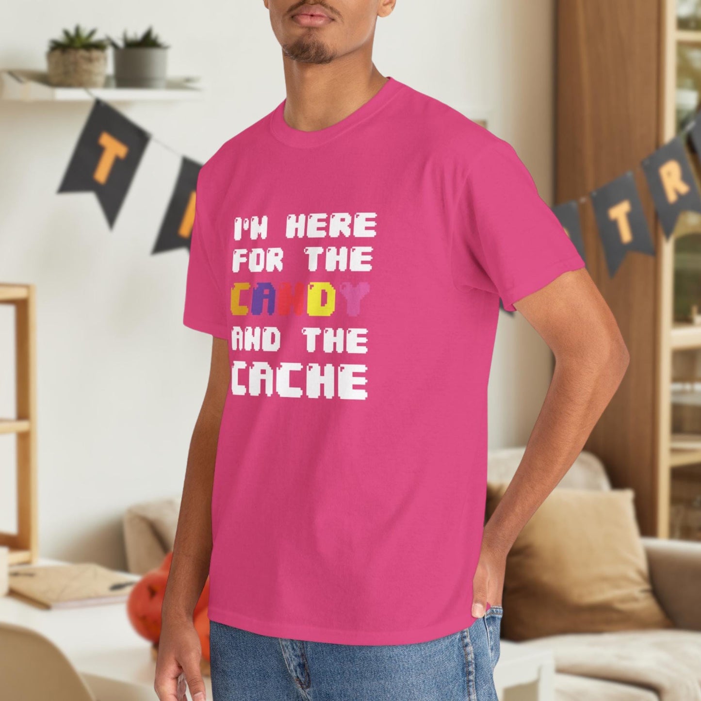 I'm Here for the Candy and the Cache: Funny Halloween Coding T-Shirt