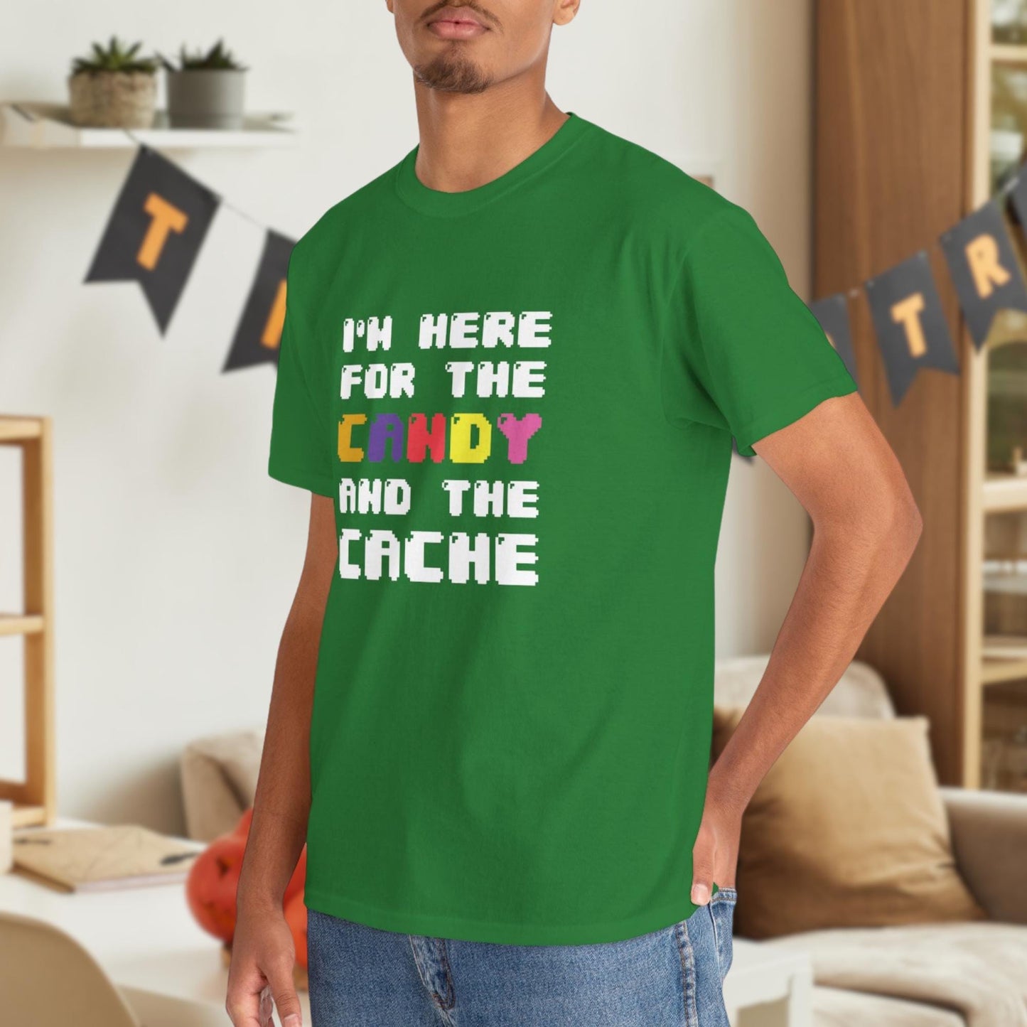 I'm Here for the Candy and the Cache: Funny Halloween Coding T-Shirt