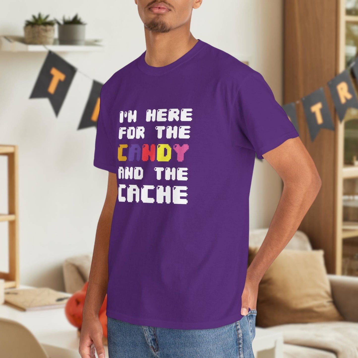 I'm Here for the Candy and the Cache: Funny Halloween Coding T-Shirt